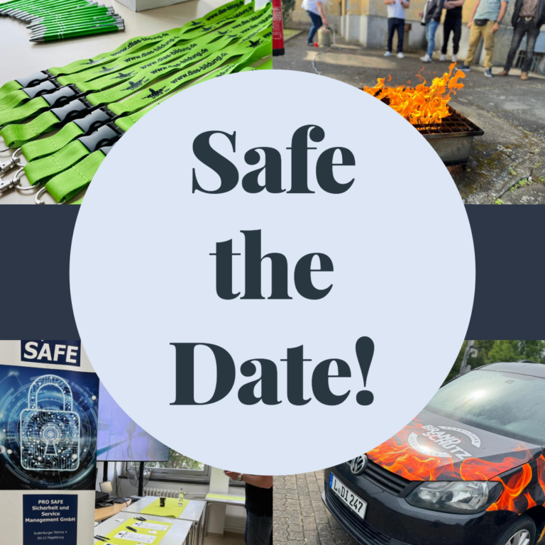 Safe-the-Date-Collage mit DIAS-Schlüsselbändern, Brandschutzübung und Sicherheitsmotiven zum Tag der offenen Tür in Halle.