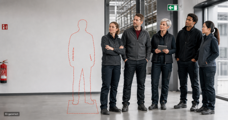 Fünf Beschäftigte in einem modernen Betriebsgebäude stehen neben der rot gestrichelten Silhouette einer fehlenden Person. Ein Feuerlöscher und ein Notausgangsschild verweisen auf den betrieblichen Brandschutz. Die freie Position symbolisiert eine nicht sichtbare oder ungeklärte Brandschutzhelferrolle. Unten links steht „KI-generiert