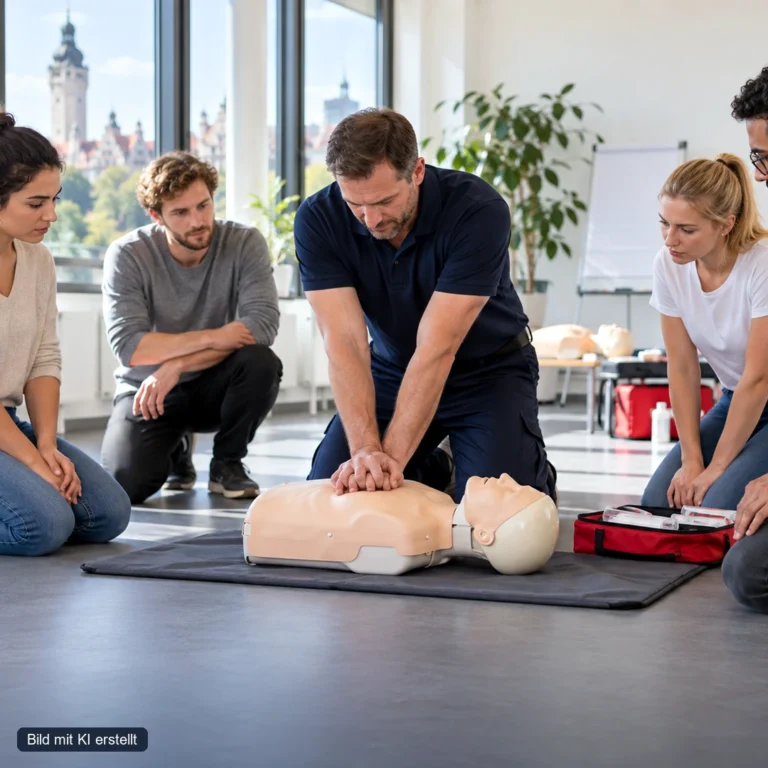 Ein Ausbilder demonstriert die Herzdruckmassage an einer Reanimationspuppe, während mehrere erwachsene Teilnehmer aufmerksam zusehen.